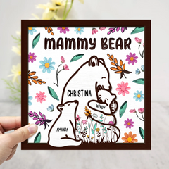Mama Bear Floral Style - Birthday, Loving Gift For Mom, Mother, Grandma, Grandmother - Personalized 2-Layered Wooden Plaque With Stand