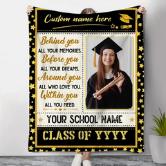 Couverture personnalisée derrière vous tous vos souvenirs, cadeaux de remise des diplômes universitaires pour elle 2023, couverture de remise des diplômes avec photo 