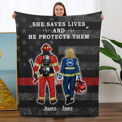 Save Lives Couple Friends - Personalized Blanket Firefighter, EMS, Police Officer, Military, Nurse
