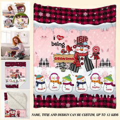 Personalized I Love Being Grandma Snowman with Kid Names Sherpa or Fleece Blanket Printed