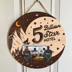 Custom Personalized Camping Wooden Sign - Gift Idea For Family/ Camping Lover - Couple/ Parents With Upto 3 Kids And 3 Pets - 5 Billion Star Hotel