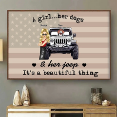 Personalized A Girl Her Dogs & Her Jeep It's A Beautiful Thing Jeep Girl Light Frame Canvas Printed