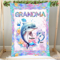 Grand-mère personnalisée Dolphin &amp; Kid Names Sherpa ou Couverture polaire imprimée 
