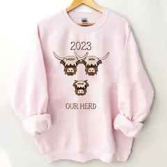 2023 Highland Cow Family Sweatshirt - Farmhouse Christmas Theme, Rustic Personalized Shirt for the Holidays