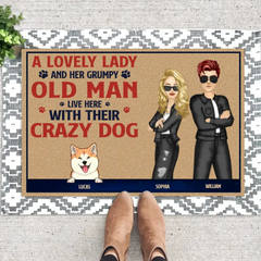 Personalized A Lovely Lady And Her Grumpy Old Man Live Here With Their Crazy Dog Couple Dog Lovers Doormat Printed