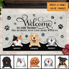 Welcome To Our Home Custom Doormat, Gifts For Pet Lovers, Pet Peeking From Curtain Beige Front Door Mat
