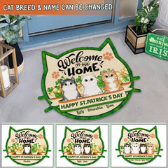 Welcome To Our Home, Happy ST. Patrick's Day, For Lovers Cat, Personalized Cat Face Shaped Doormat