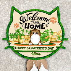Bienvenue chez nous, Happy ST. Fête de la Saint-Patrick, pour les amoureux du chat, paillasson personnalisé en forme de visage de chat