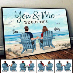 Paysage de plage vue arrière couple assis ensemble depuis affiche horizontale personnalisée