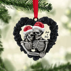 Forme de coeur de Rose noire-ornement plat personnalisé de couple de squelette, décor d'arbre de noël