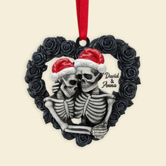 Forme de coeur de Rose noire-ornement plat personnalisé de couple de squelette, décor d'arbre de noël