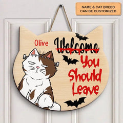 Personalized Custom Door Sign - Halloween Gift For Cat Lover, Cat Mom, Cat Dad, Cat Parents - Welcome You Should Leave