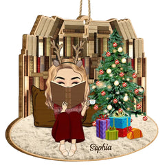Reading Girls Sitting Relax At Home - Cadeau de Noël pour les amateurs de livres - Ornement en bois personnalisé en forme de personnalisé