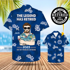 Personalized The Legend Has Retired, Not My Problem Any More, Blue Hibiscus Hawaiian Shirt For Grandpa