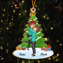Personalized Christmas Couple Kissing Hugging Under Pine Tree Ornament