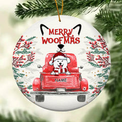 Merry Woofmas, Red Truck Circle Ceramic Ornament, Personalized Dog Breeds Ornament, Dog Lovers Gifts