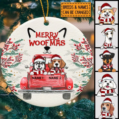 Joyeux Woofmas, ornement en céramique Red Truck Circle, ornement personnalisé de races de chiens, cadeaux pour les amoureux des chiens
