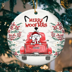 Joyeux Woofmas, ornement en céramique Red Truck Circle, ornement personnalisé de races de chiens, cadeaux pour les amoureux des chiens