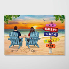 Paysage de plage vue arrière couple assis affiche horizontale personnalisée