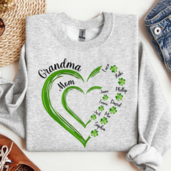 St Patrick's Day Green Heart In Heart Grandma Mom Shamrock Kids Personalized Sweatshirt