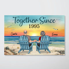 Paysage de plage vue arrière couple assis ensemble depuis affiche horizontale personnalisée